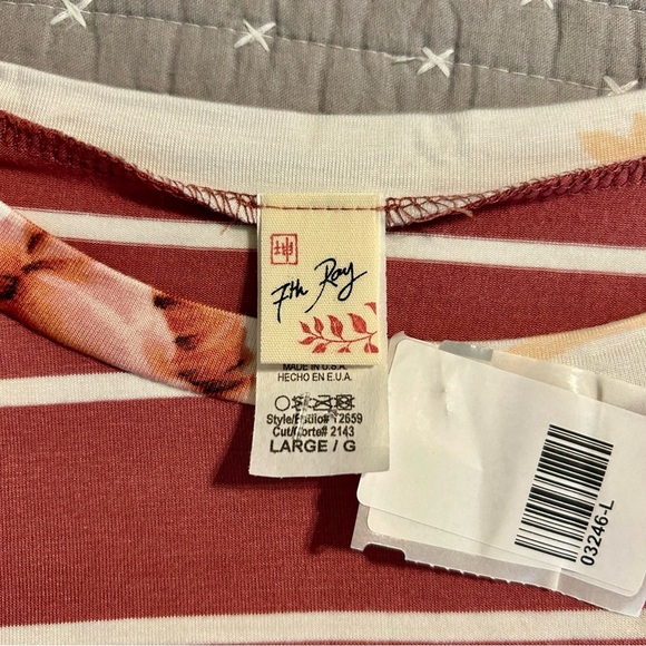 2 for $20 7th Ray Mauve and White Striped Tee with Floral Accents. L - Picture 5 of 6